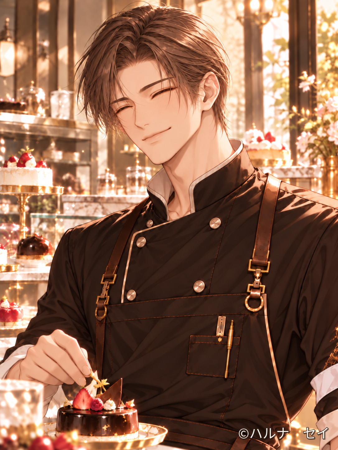 笑顔でチョコレートケーキを仕上げる朝倉昊