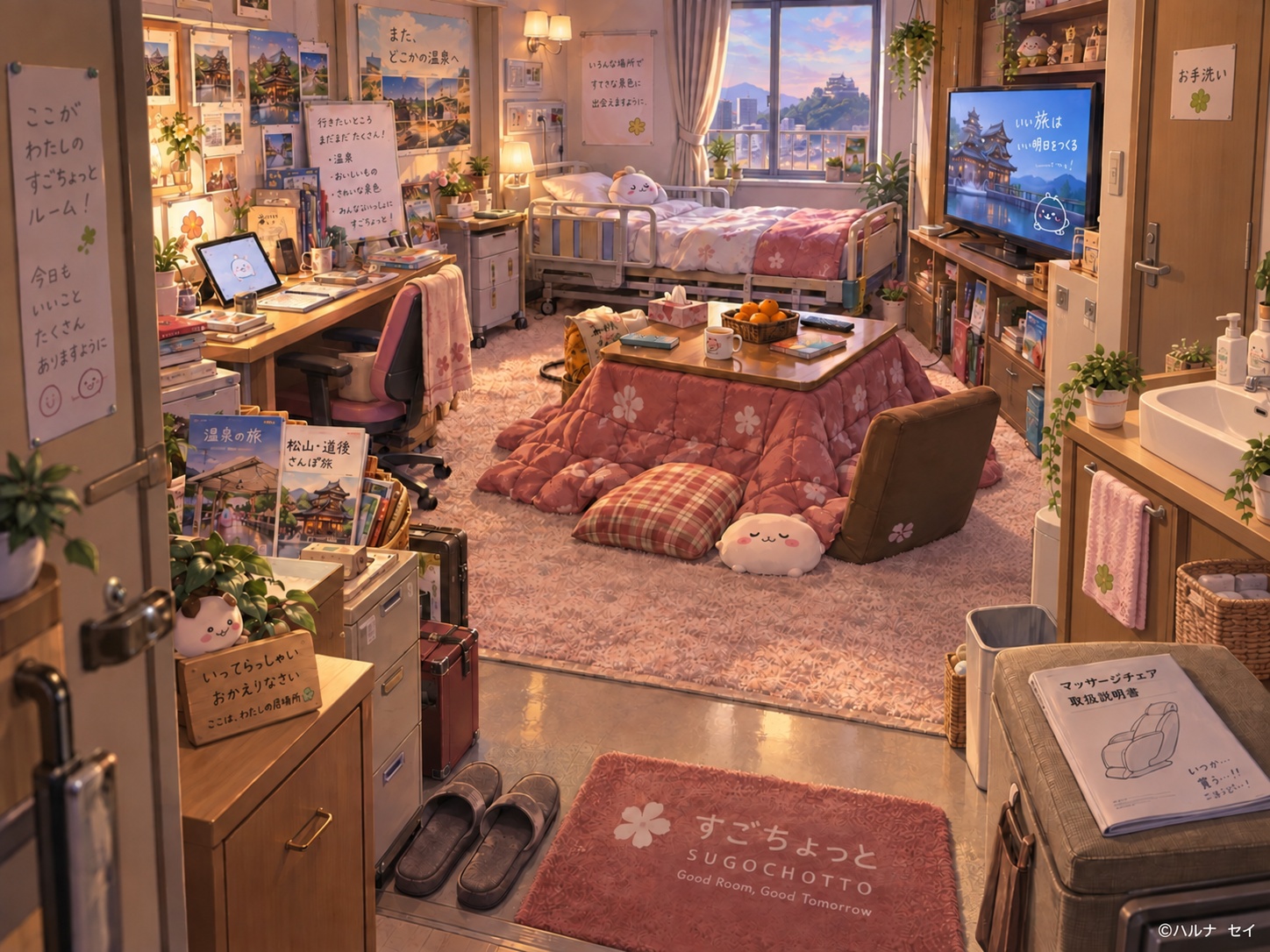 スゴチョットの私室。机やソファ、テレビ、コタツのある部屋