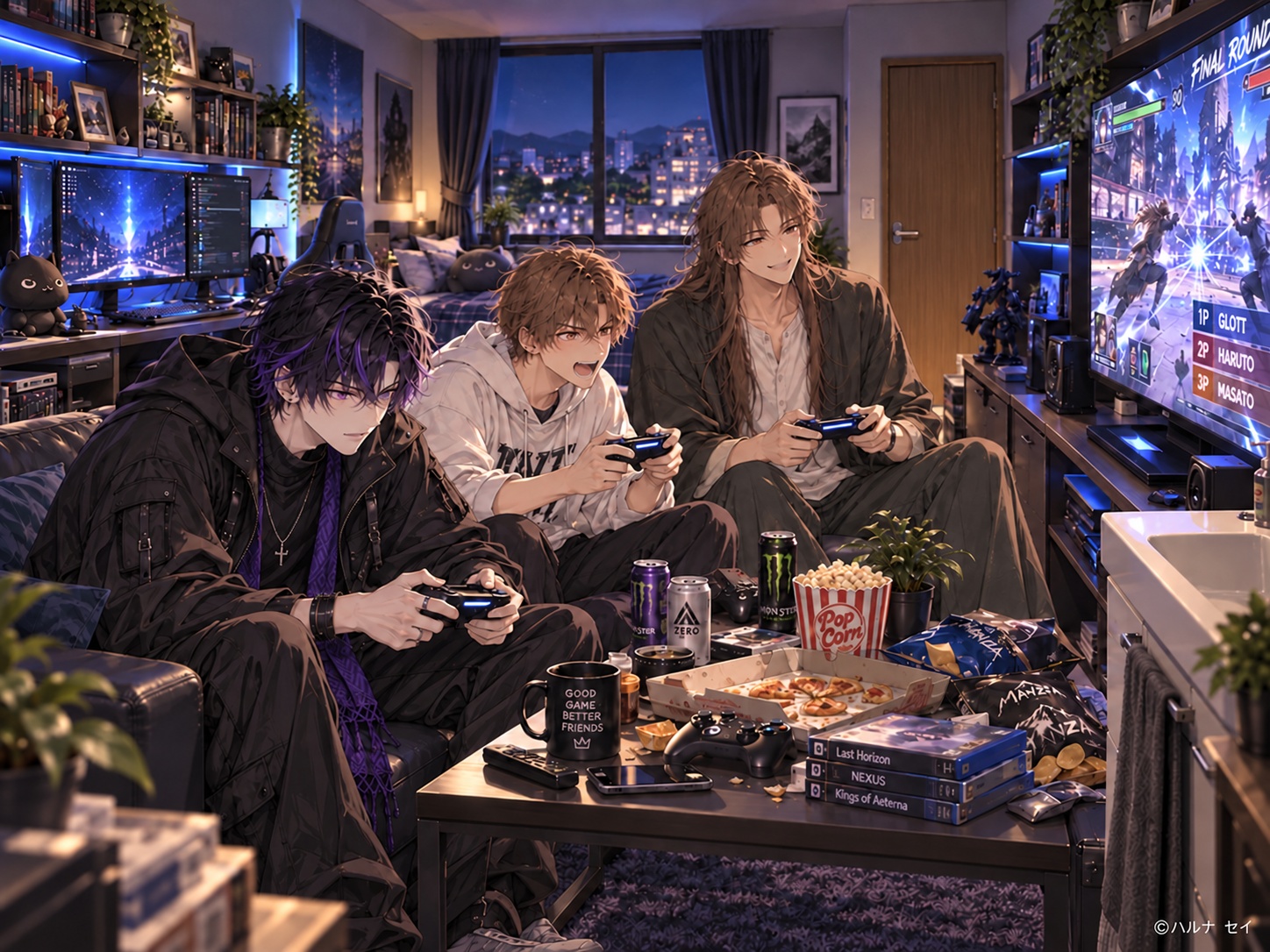 グロットの部屋で春人さん、正人さんとゲームを楽しむ様子