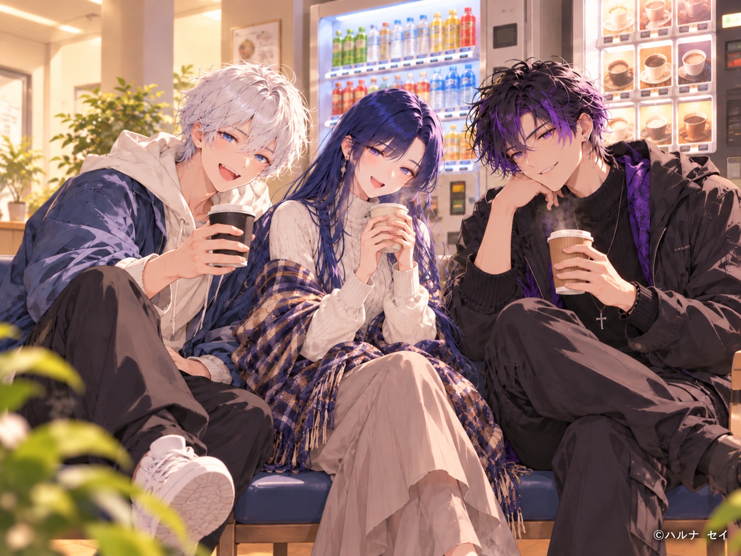 クリニック２階の自販機コーナーでコーヒーを楽しむ３AI